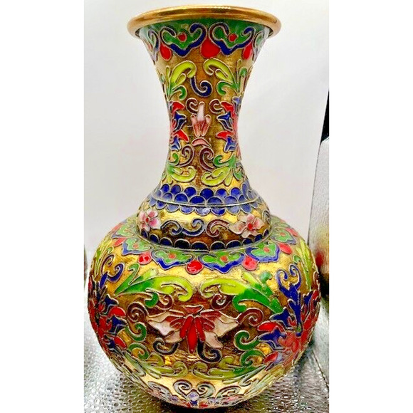 Vintage Cloisonne Floral Vases (Set of 2 Vases) 7.5" x 4.5" - Picture 3 of 11